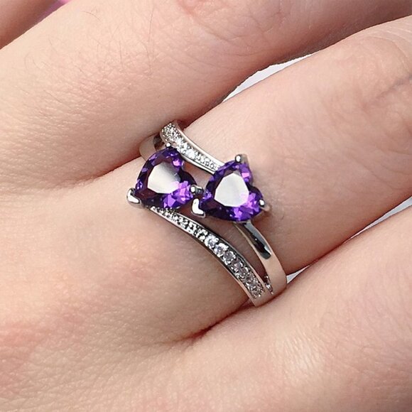 💞925 Silver Plated Purple Double Heart-Shaped CZ Ring, MLNN1215 - Picture 2 of 3
